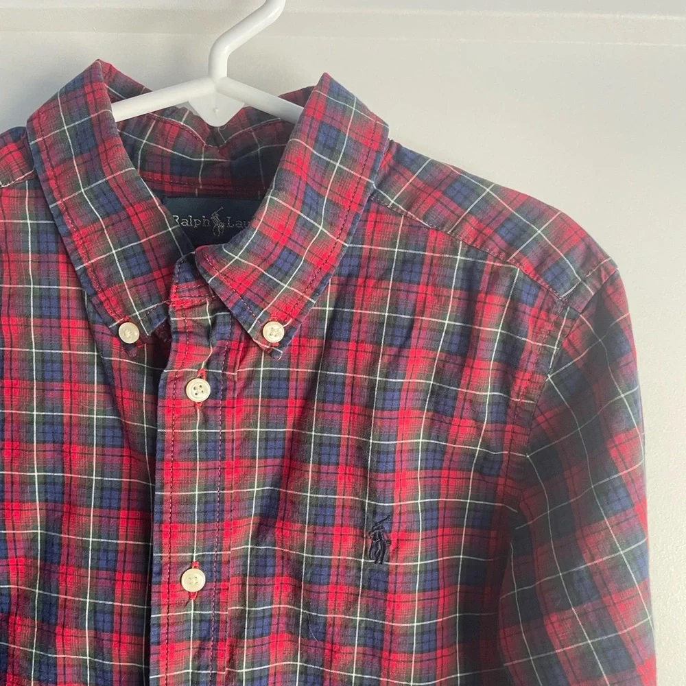 RALPH LAUREN Boys Dress Button Down Shirt - size 6 red blue plaid